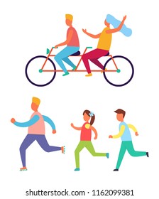 Cycling couple and jogging family father with children. Man and woman riding bike double pushbike for two person. Hobby and active lifestyle vector