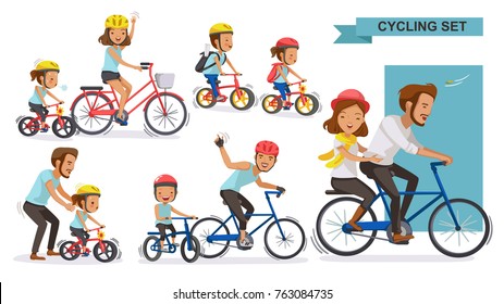 Cycling Couple set. Happy family riding bicycles together. parent, Fatherhood, Motherhood,
Brother, son, daughter, father, cute cartoon. Vector illustrations isolated on a white background.