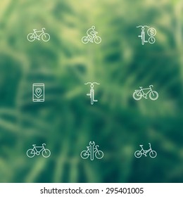 Cycling, cyclist, bike rent, repair service, line icons on blur background, vector illustration, eps10, easy to edit