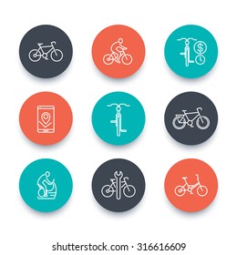 Cycling, cyclist, bike repair, linear round icons, vector illustration