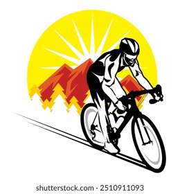 ciclista de bicicleta com montanha fundo cartaz ilustração