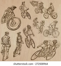 CYCLING and CYCLISTS (set no.1) - Collection of an hand drawn vector illustrations. Each drawing comprise a few layers of lines, the colored background is isolated. Easy editable.