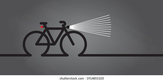 Cycling in the dark, with bicycle lights. World Bicycle day. Sport cyclist banner, walppaper or card. Funny vector bike signs. Sports symbol. Clipart cartoon logo. 