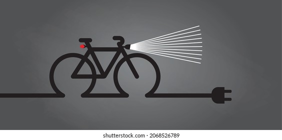 Ciclismo en la oscuridad, con luces de bicicleta. Día Mundial de la Bicicleta. Bicicleta eléctrica ecológica, signo de carga e-cicleta. enchufe eléctrico, cargador de batería para bicicletas. Bicicletas en un estacionamiento para bicicletas, carga de la estación de energía. Vector