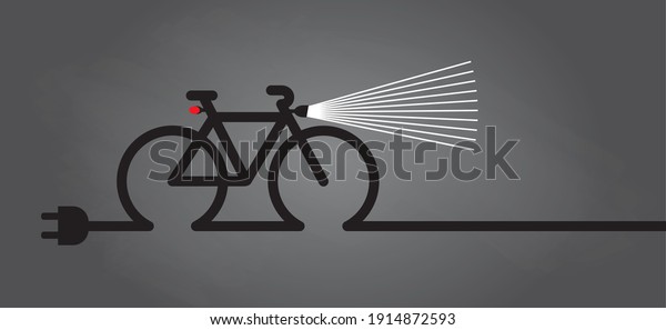 Cycling in the dark, with bicycle lights. World Bicycle\
day. Eco electric bicycle, e-bike charge sign. Electric plug, bike\
battery charger. Bikes on power station charging point symbol. Flat\
vector 