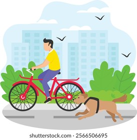 cycling with a dog in morning concept, Man Ride Bicycle Doggy Running side by side vector color design, Pet foster and hotel Symbol, kennel animals Sign, Human-animal interaction scene illustration