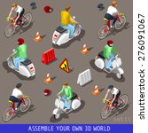 Cycling elements. Vespa scooter cyclist bicyclist bicycle driver. Flat 3d isometric vehicle tiles icons. Assemble your own 3d world web urban city map vehicles infographic set vector illustration.