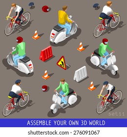 Cycling elements. Vespa scooter cyclist bicyclist bicycle driver. Flat 3d isometric vehicle tiles icons. Assemble your own 3d world web urban city map vehicles infographic set vector illustration.