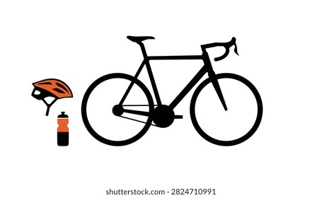 Cycling equipment collection featuring a black road bicycle silhouette, a protective safety helmet, and a bright orange water bottle for riders.
