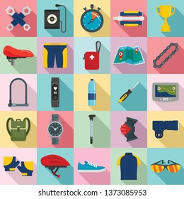 Cycling equipment icons set. Flat set of cycling equipment vector icons for web design