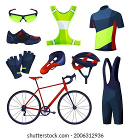 Cycling equipment, sport tools set, vector icons