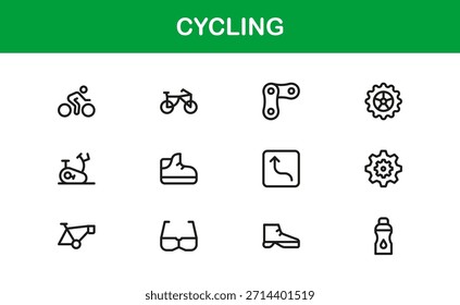 Cycling essentials in modern line icon set featuring minimal, stylish, and versatile illustrations of biking, gear, helmets, and sports accessories. Perfect for premium digital content.