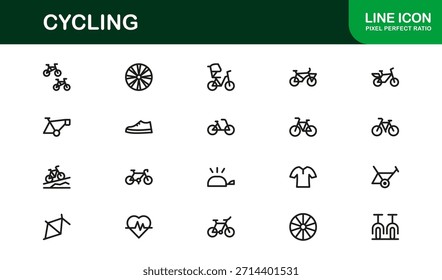 Elementos esenciales de ciclismo en un moderno conjunto de iconos de línea con ilustraciones mínimas, elegantes y versátiles de ciclismo, equipo, cascos y accesorios deportivos. Perfecto para contenido digital premium.