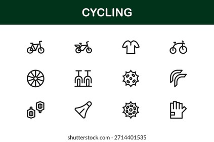 Andar de bicicleta no moderno conjunto de ícones de linha com ilustrações mínimas, elegantes e versáteis de bicicleta, equipamentos, capacetes e acessórios esportivos. Perfeito para conteúdo digital premium.