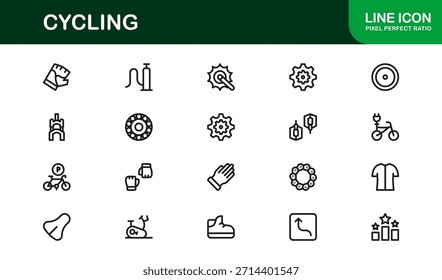 Cycling essentials in modern line icon set featuring minimal, stylish, and versatile illustrations of biking, gear, helmets, and sports accessories. Perfect for premium digital content.