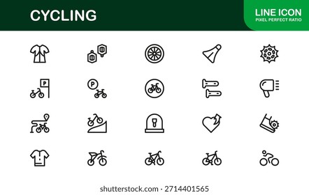 Elementos esenciales de ciclismo en un moderno conjunto de iconos de línea con ilustraciones mínimas, elegantes y versátiles de ciclismo, equipo, cascos y accesorios deportivos. Perfecto para contenido digital premium.