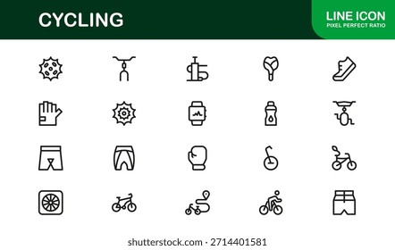 Elementos esenciales de ciclismo en un moderno conjunto de iconos de línea con ilustraciones mínimas, elegantes y versátiles de ciclismo, equipo, cascos y accesorios deportivos. Perfecto para contenido digital premium.