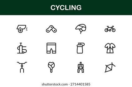 Elementos esenciales de ciclismo en un moderno conjunto de iconos de línea con ilustraciones mínimas, elegantes y versátiles de ciclismo, equipo, cascos y accesorios deportivos. Perfecto para contenido digital premium.