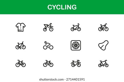 Elementos esenciales de ciclismo en un moderno conjunto de iconos de línea con ilustraciones mínimas, elegantes y versátiles de ciclismo, equipo, cascos y accesorios deportivos. Perfecto para contenido digital premium.