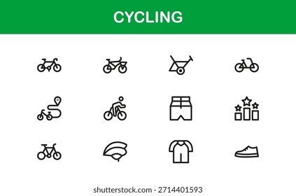 Andar de bicicleta no moderno conjunto de ícones de linha com ilustrações mínimas, elegantes e versáteis de bicicleta, equipamentos, capacetes e acessórios esportivos. Perfeito para conteúdo digital premium.