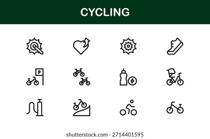 Andar de bicicleta no moderno conjunto de ícones de linha com ilustrações mínimas, elegantes e versáteis de bicicleta, equipamentos, capacetes e acessórios esportivos. Perfeito para conteúdo digital premium.
