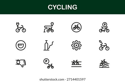 Elementos esenciales de ciclismo en un moderno conjunto de iconos de línea con ilustraciones mínimas, elegantes y versátiles de ciclismo, equipo, cascos y accesorios deportivos. Perfecto para contenido digital premium.