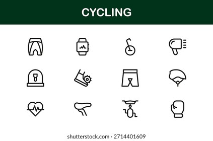 Andar de bicicleta no moderno conjunto de ícones de linha com ilustrações mínimas, elegantes e versáteis de bicicleta, equipamentos, capacetes e acessórios esportivos. Perfeito para conteúdo digital premium.