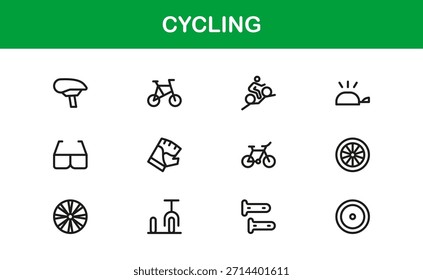 Andar de bicicleta no moderno conjunto de ícones de linha com ilustrações mínimas, elegantes e versáteis de bicicleta, equipamentos, capacetes e acessórios esportivos. Perfeito para conteúdo digital premium.
