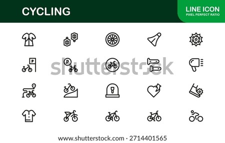 Cycling essentials in modern line icon set featuring minimal, stylish, and versatile illustrations of biking, gear, helmets, and sports accessories. Perfect for premium digital content.