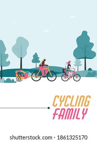 Cycling family card or poster with cartoon people traveling in the forest or park by bike, flat vector illustration. Family cycling sport and travel together.