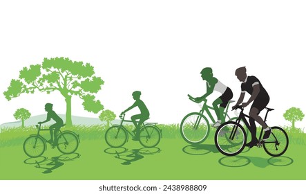 Cycling with the family in nature llustration