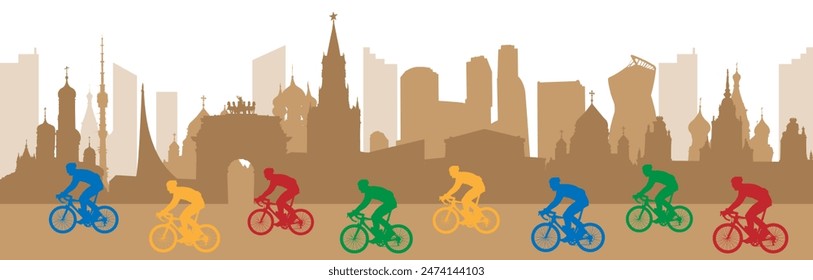 Cycling festival, silhouette of cyclists on the background of Moscow attractions, cycling race. Vector illustration