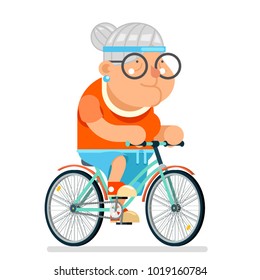 cycling Fitness Granny Adult Healthy Activitie Ride Bicycle Old Age Woman Cartoon Character Flat Design Vector illustration