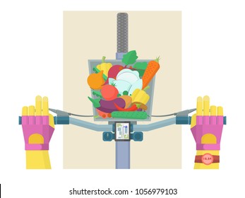 Cycling fruit delivery. Vector illustration in vintage flat design. Autumn harvest of wine, honey, fruits and vegetables that are delivered in bicycle basket