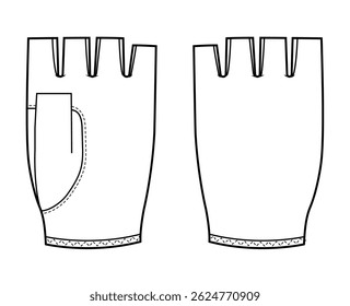 Cycling Gloves Fashion hand accessory clothing technical illustration garment. Vector front palm back view for Men, women, unisex style flat template CAD mockup sketch outline on white background