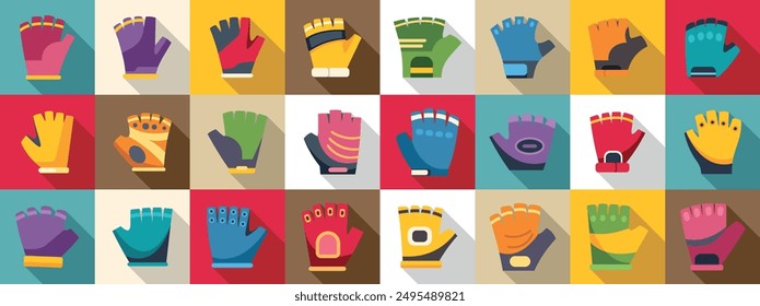 Cycling Gloves icons set. Set of colorful fingerless gloves for cycling, protecting hands while riding