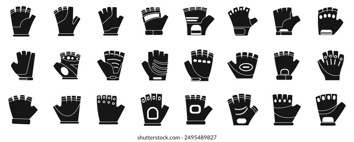 Cycling Gloves icons set. Different fingerless gloves for active training, protecting hands from calluses and injuries