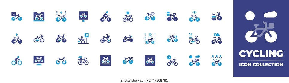 Cycling icon collection. Duotone color. Vector illustration. Containing bike, bicycle, bicycleparking, bikelane, deliverybike, cycling, parking, bikerental.