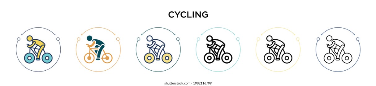 Cycling icon in filled, thin line, outline and stroke style. Vector illustration of two colored and black cycling vector icons designs can be used for mobile, ui, web