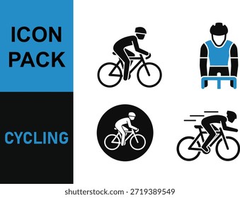 Paquete de iconos de ciclismo con cuatro ilustraciones de ciclistas diferentes en varios estilos y acciones