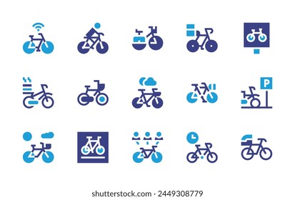 Conjunto de iconos de ciclismo. Color duotono. Ilustración vectorial. Conteniendo bicicletas de estacionamiento, bicicleta, ciclismo, bicicleta de reparto, bicicleta, estacionamiento, alquiler de bicicletas.