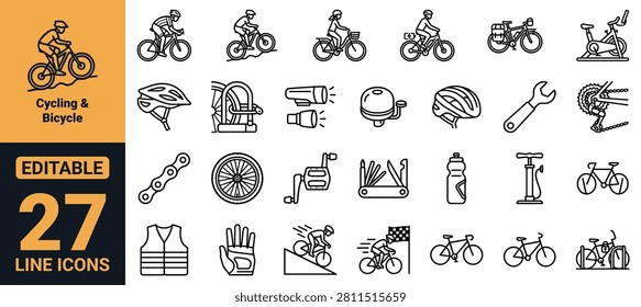 Cycling icon set featuring bicycles, road cycling, mountain biking, e-bike, helmets, repair tools and accessories. Ideal for UI, UX, Web, Mobile App, Presentation, Print, Branding, Infographic and Dashboard projects.