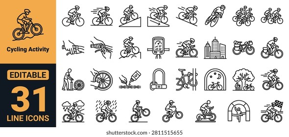 Cycling icon set featuring road racing, mountain biking, BMX, commuting, bike maintenance, training and repair activities. Perfect for UI, UX, Web, Mobile App, Presentation, Print, Branding, Infographic and Dashboard design.