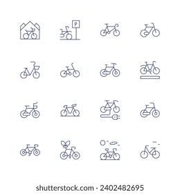 Juego de iconos de ciclismo. Icono de línea delgada. Trazo editable. Consta de bicicletas, bicicletas, bicicletas eléctricas, bicicletas y ciclovías.