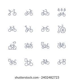 Juego de iconos de ciclismo. Icono de línea delgada. Trazo editable. Consta de triciclo, bicicleta, bicicleta, bicicleta, bicicleta, bicicleta, alquiler de bicicletas, bicicleta, bicicleta.