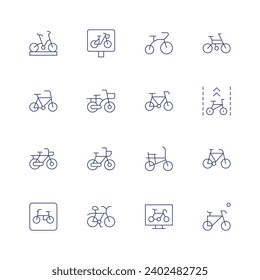 Cycling icon set. Thin line icon. Editable stroke. Containing bicycle, bike lane, bike, mountain bike, cycling, electric bicycle.