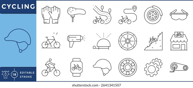 Cycling icons set. 18 line icons. Vector editable stroke. Cycle, hill, bell, store, seat, helmet.