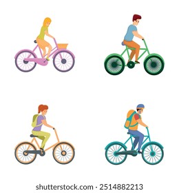 Cycling icons set cartoon vector. Man and woman on bicycle. Sport, active lifestyle