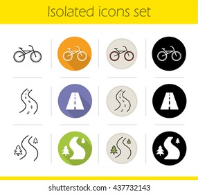 Definição de ícones cíclicos. Design plano, estilos lineares, pretos e coloridos. Sinal de estacionamento de bicicleta, estrada e estrada curvada do campo. Ilustrações isoladas de vetor