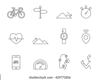 Cycling icons in thin outlines. Cycling apps for smart phone. 
